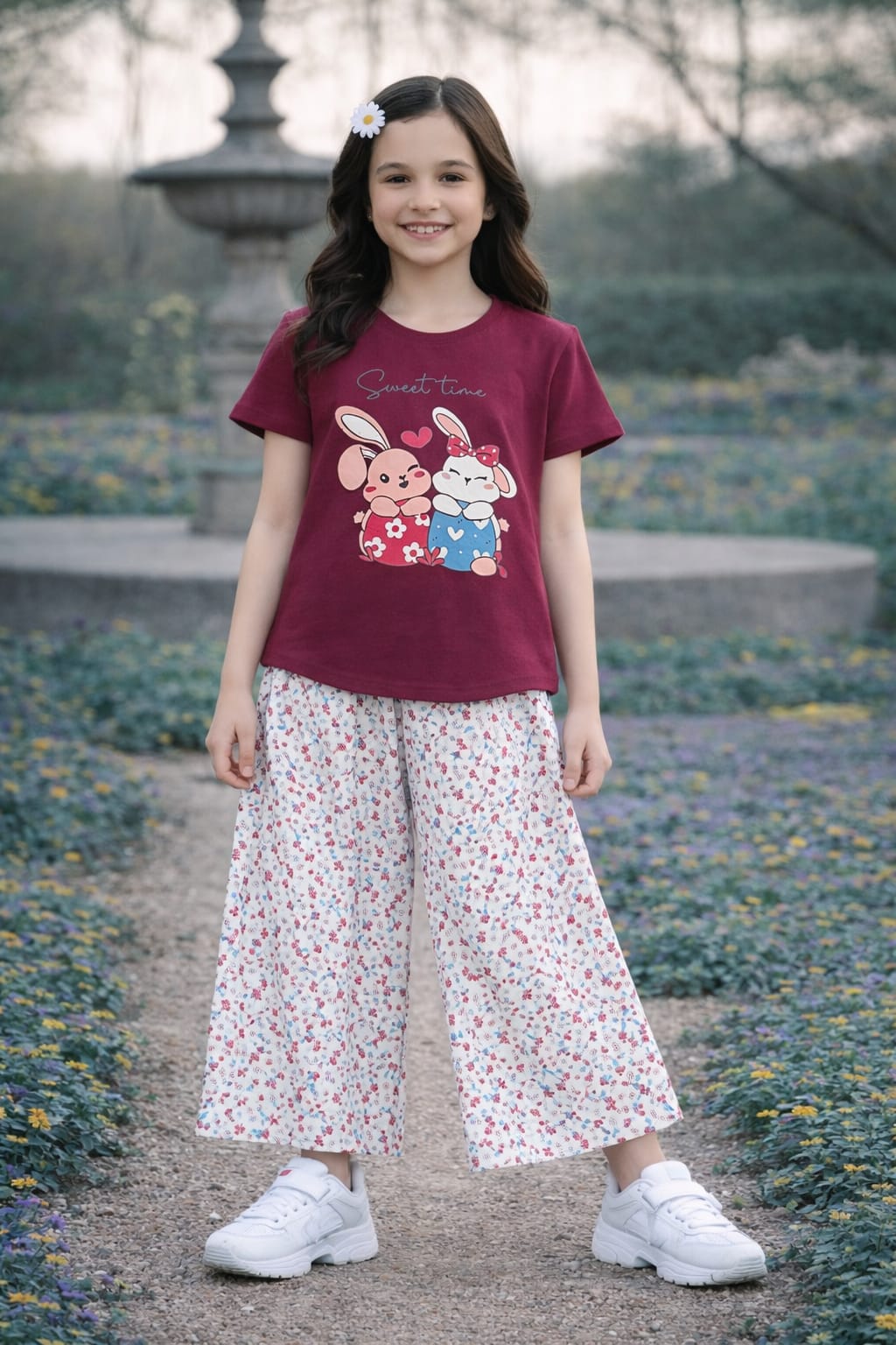 Sweet Bunny Printed Maroon  Girls T shirt &Cotton Flapper