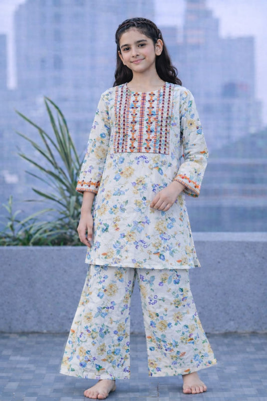 Orange & Purple Embroidered  Little Blossom Printed Cotton Girls Suit