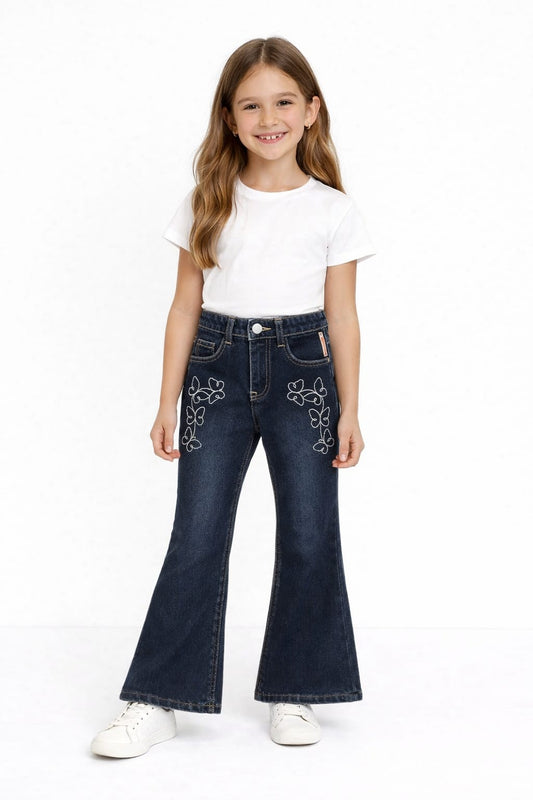 Kids Butterfly Embroidered Denim Bootcut Jeans – Deep Blue 140