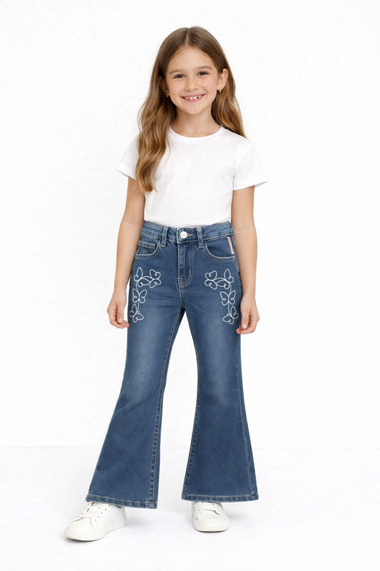 Kids Butterfly Embroidered Denim Bootcut Jeans – Mid Blue 134
