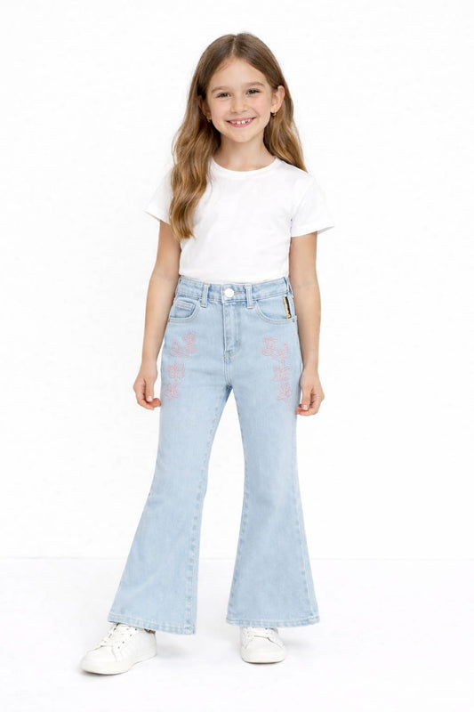 Kids Butterfly Embroidered Denim Bootcut Jeans – Light Blue 140