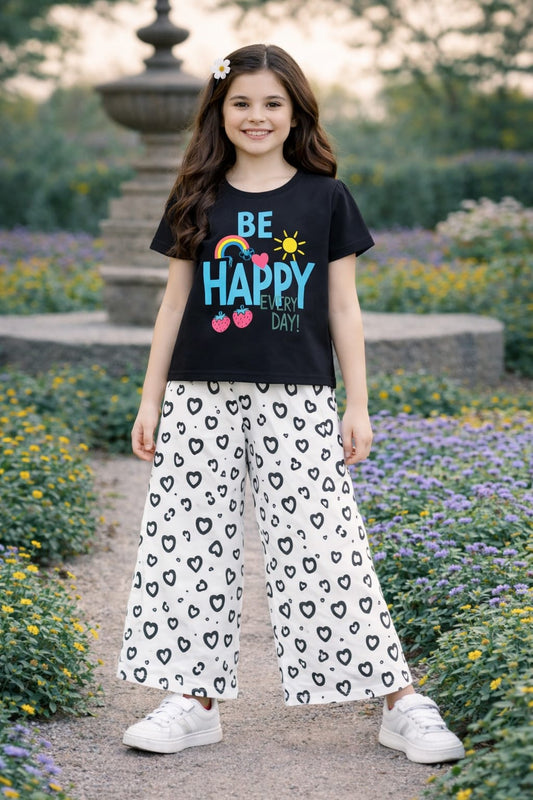 Blue [Be Happy] Printed Black Girls T shirt &Cotton Flapper