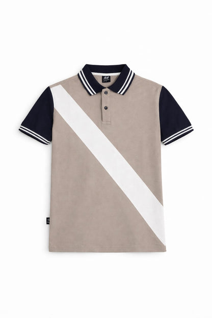 Beige Navy & White Sand Stripe With Black Collar  Men's Polo Shirt 533