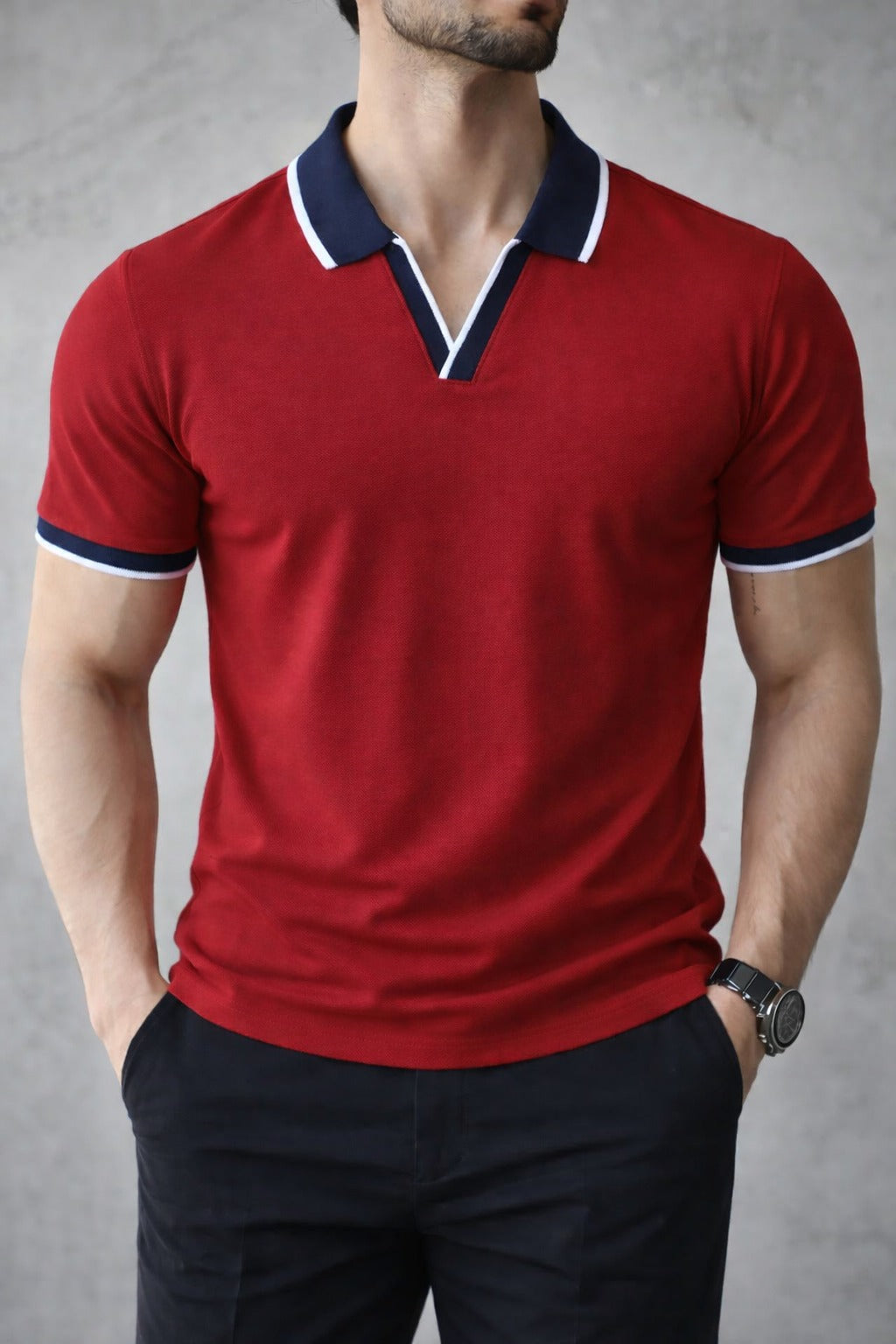 Bold red polo shirt for men with navy collar  premium casual style Pakistan.