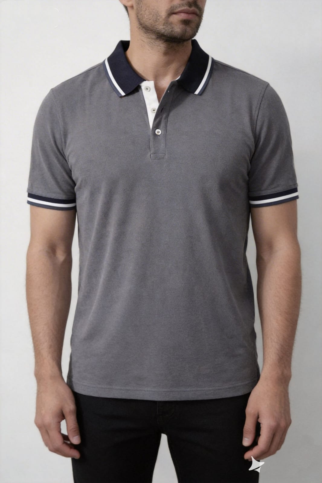 Men’s elegant grey polo shirt with subtle stripe details versatile casual style Pakistan.