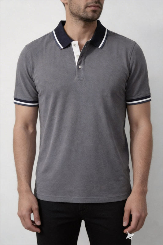 Men’s elegant grey polo shirt with subtle stripe details versatile casual style Pakistan.