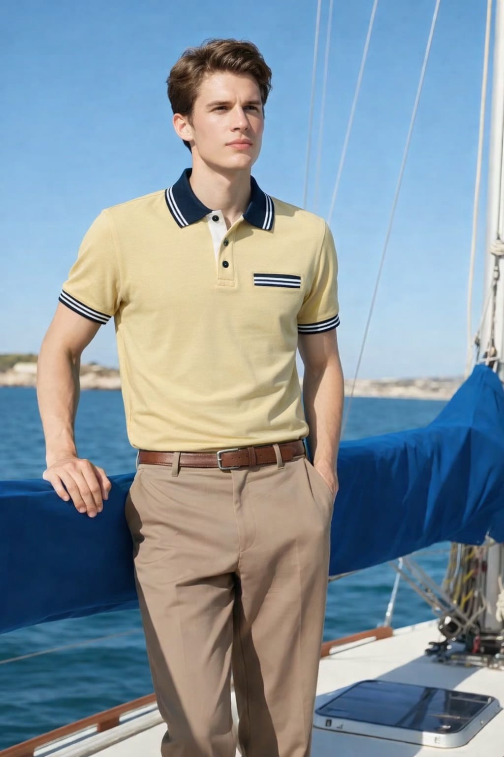 Men’s trendy beige polo shirt with subtle chest stripe and polished premium casual outfit.