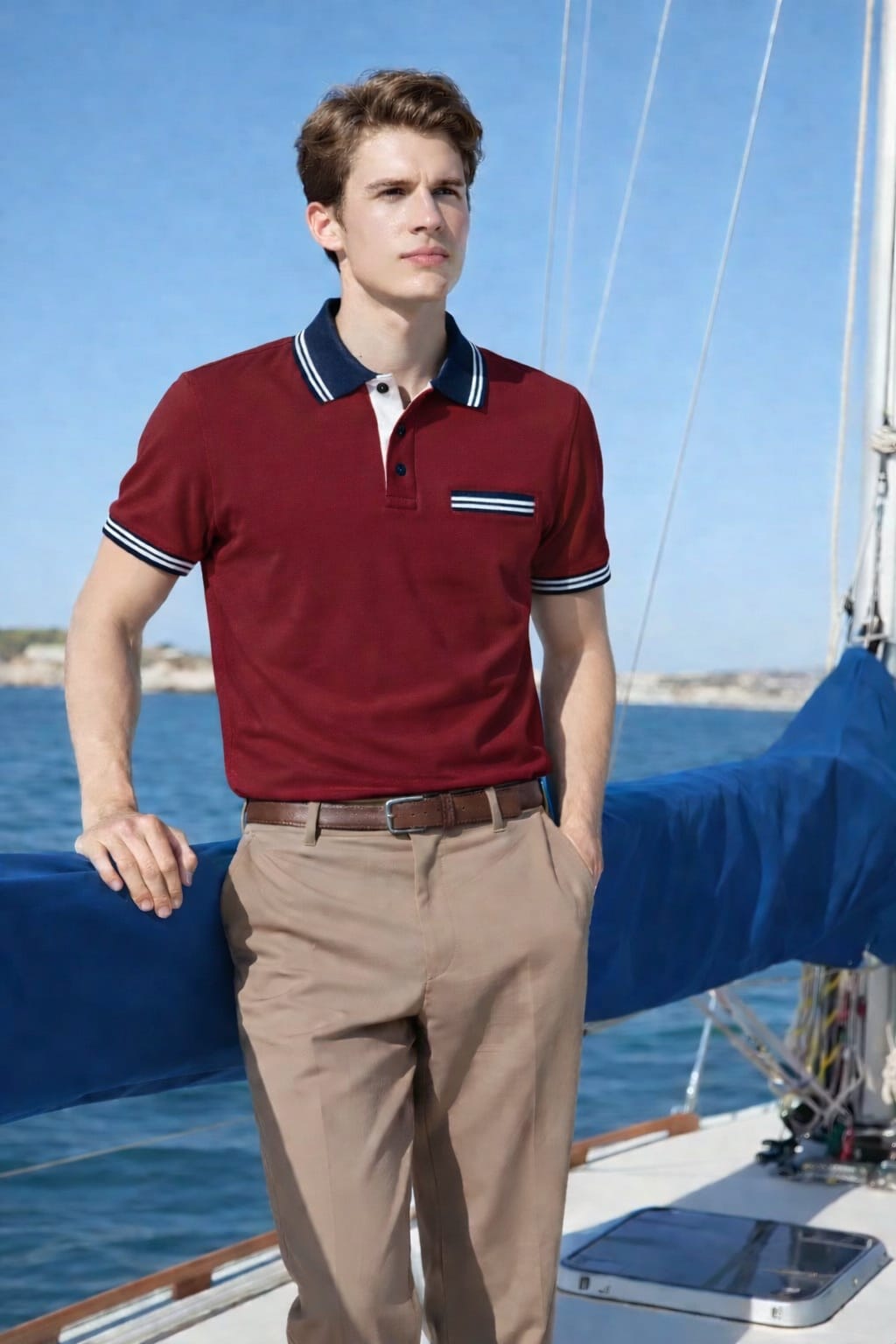 Men’s smart casual outfit featuring maroon polo t-shirt and tailored khaki pants modern style Pakistan.