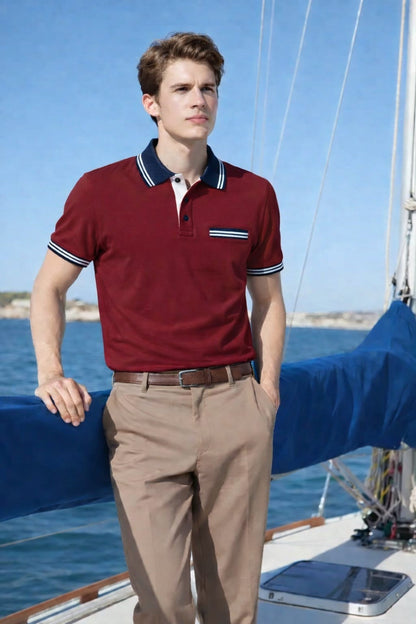 Men’s smart casual outfit featuring maroon polo t-shirt and tailored khaki pants modern style Pakistan.