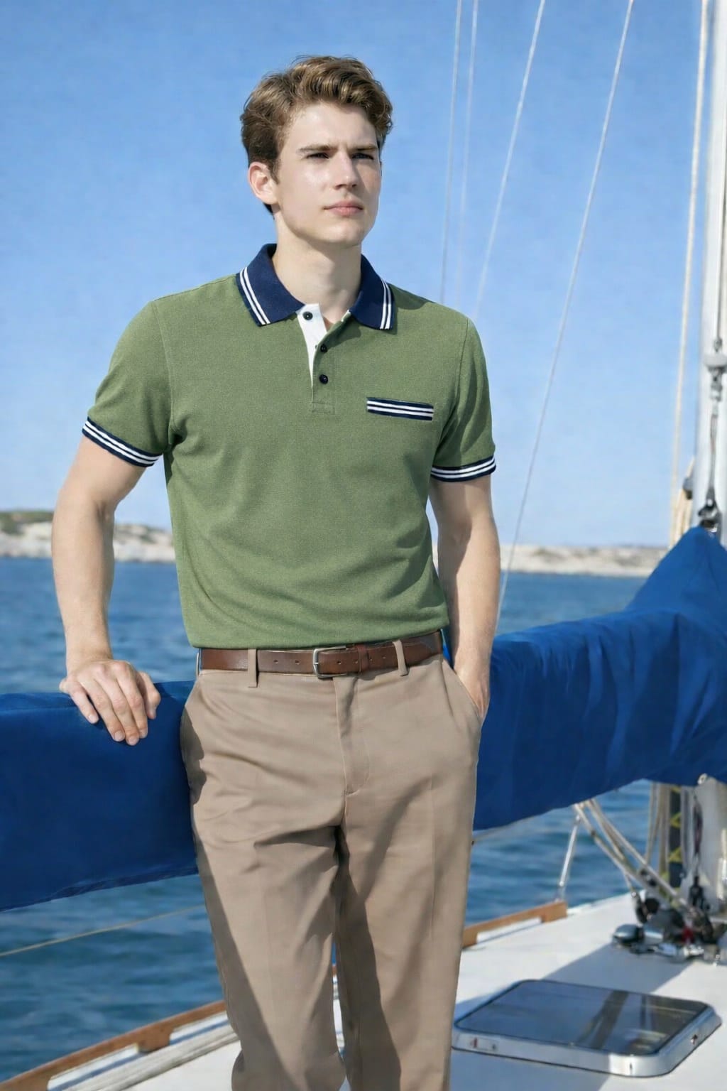 Classic olive green polo shirt for men with striped collar and sleeve detailing  elegant casual fashion Pakistan.