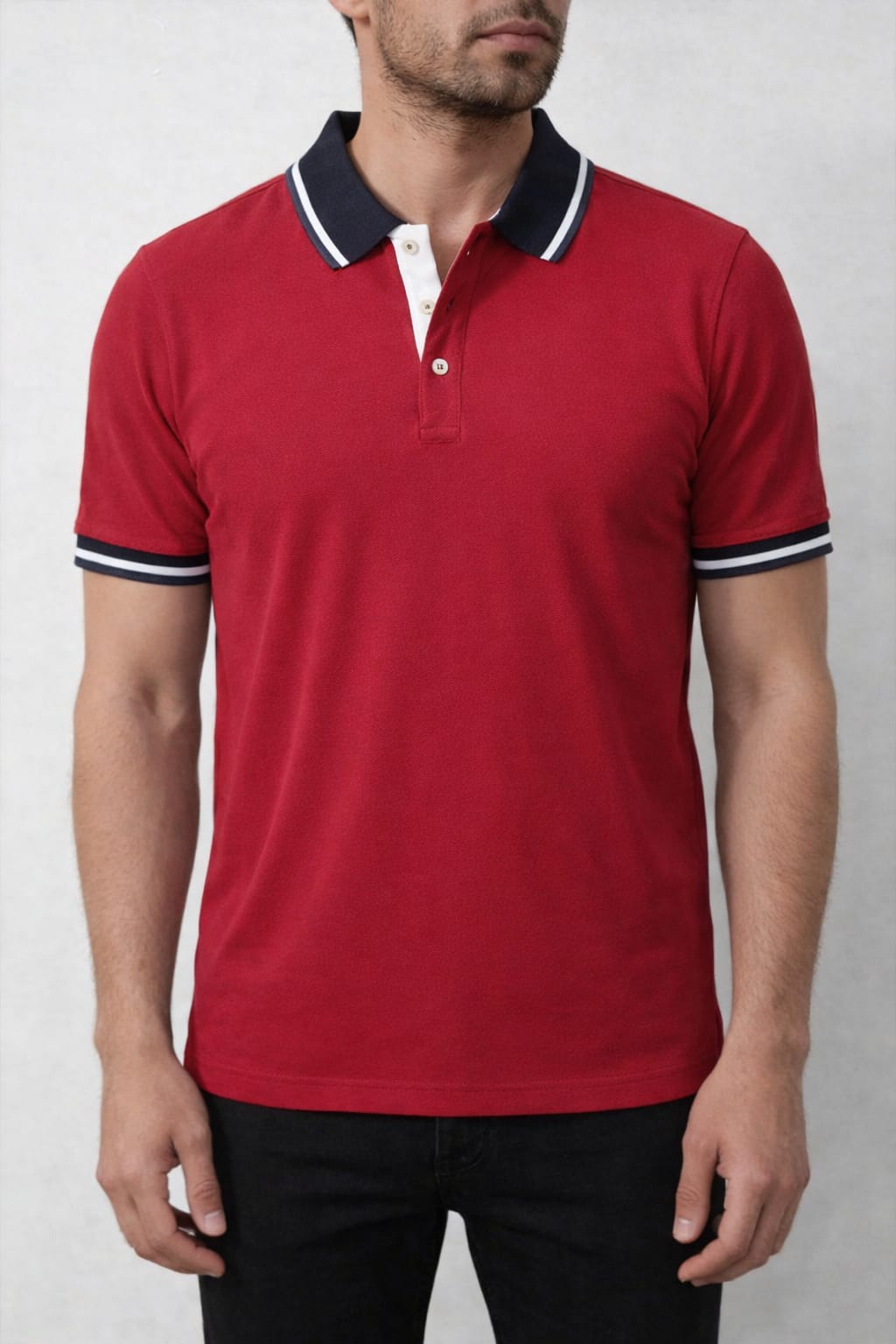 Men’s premium red polo t-shirt with navy and white contrast collar, button placket and fitted design modern casual wear Pakistan