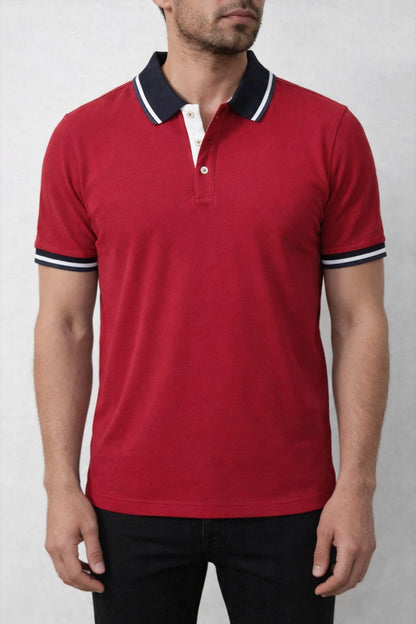 Men’s premium red polo t-shirt with navy and white contrast collar, button placket and fitted design modern casual wear Pakistan