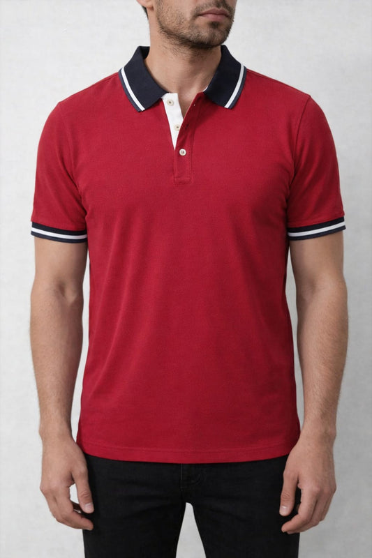 Men’s premium red polo t-shirt with navy and white contrast collar, button placket and fitted design modern casual wear Pakistan