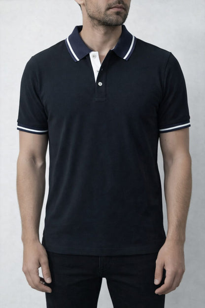 Men’s premium black polo t-shirt with white inner placket, navy and white striped collar and sleeves, soft fabric and fitted style.