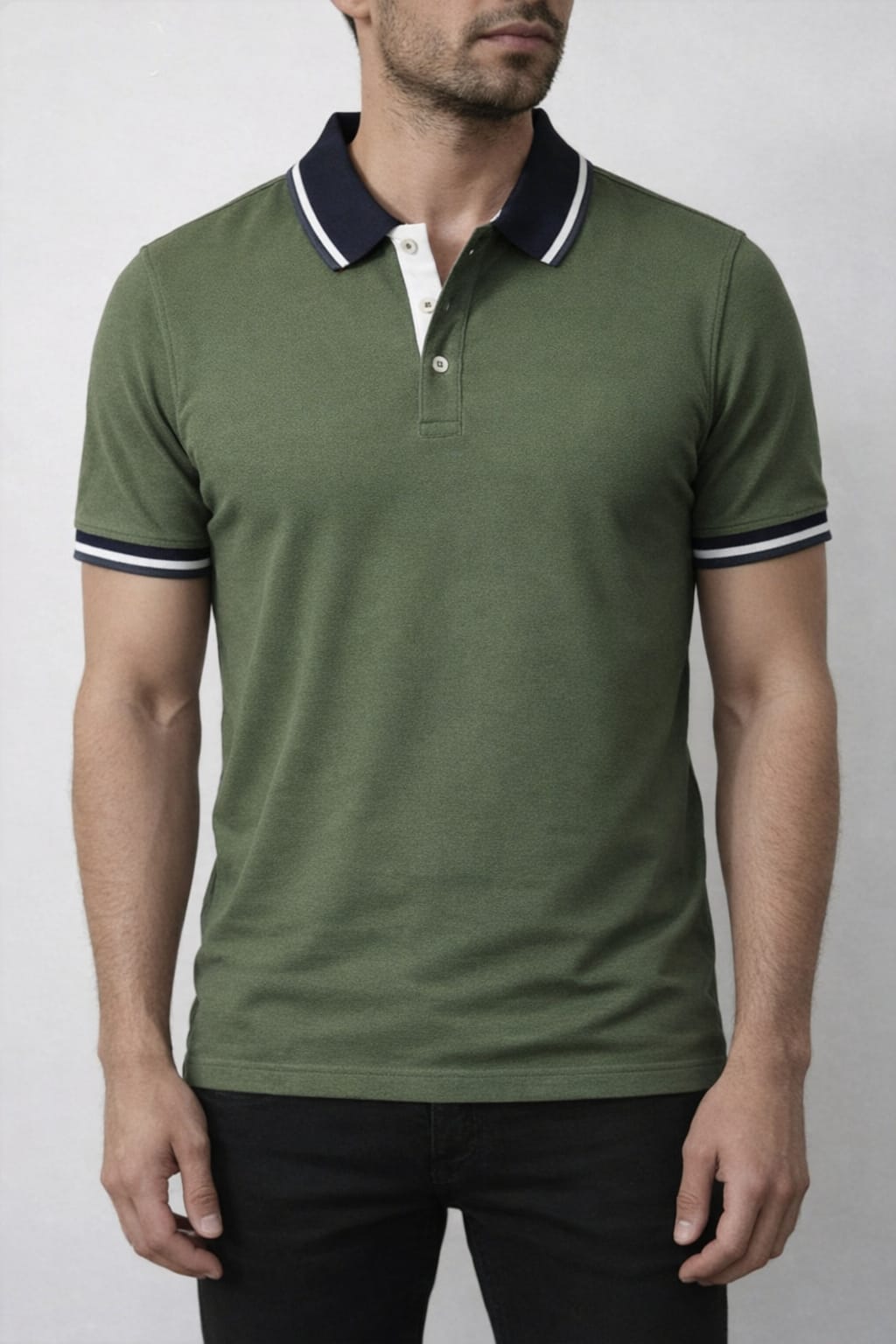 Sleek olive green polo shirt for men featuring contrast trim and a tailored silhouette