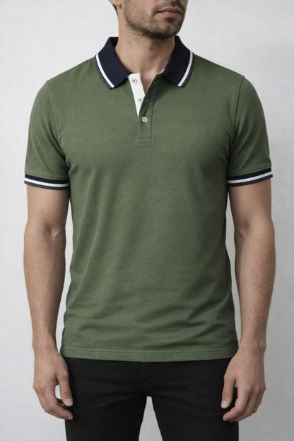 Sleek olive green polo shirt for men featuring contrast trim and a tailored silhouette