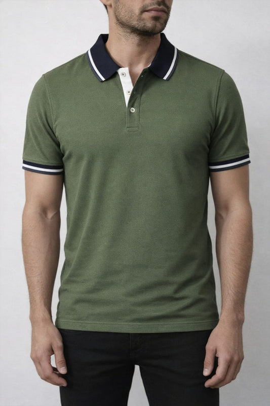 Sleek olive green polo shirt for men featuring contrast trim and a tailored silhouette