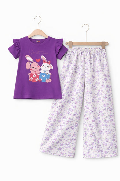 Twin Rabbits Printed Purple Girls T shirt &Cotton Flapper 113