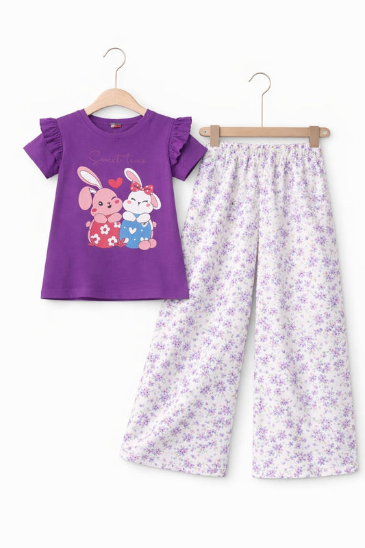 Twin Rabbits Printed Purple Girls T shirt &Cotton Flapper