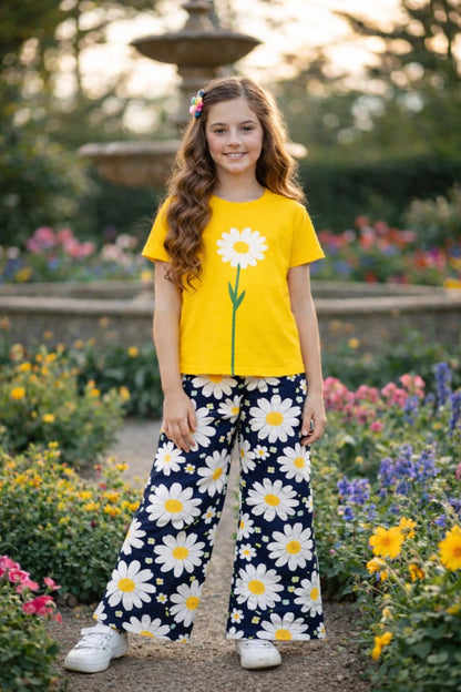 White Flower Printed Yellow  Girls T-Shirt &Cotton Flapper