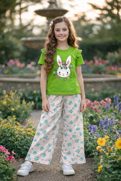 Rabbit Printed Olive Green Girls T-Shirt &Cotton Flapper 278
