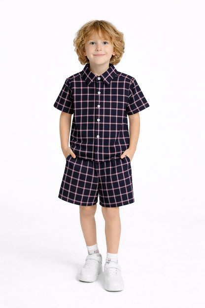Navy Checked Cotton Nicker Suit Boys 603