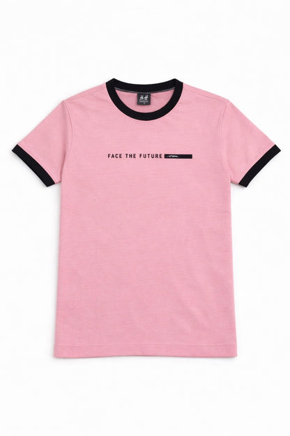 Light Pink [Face The Future] Printed  Cotton Combed Terry  Men's T-Shirt  539