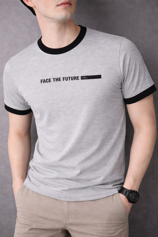 Grey [ Face the Future] Printed Cotton Combed Terry Men's T-Shirt  539