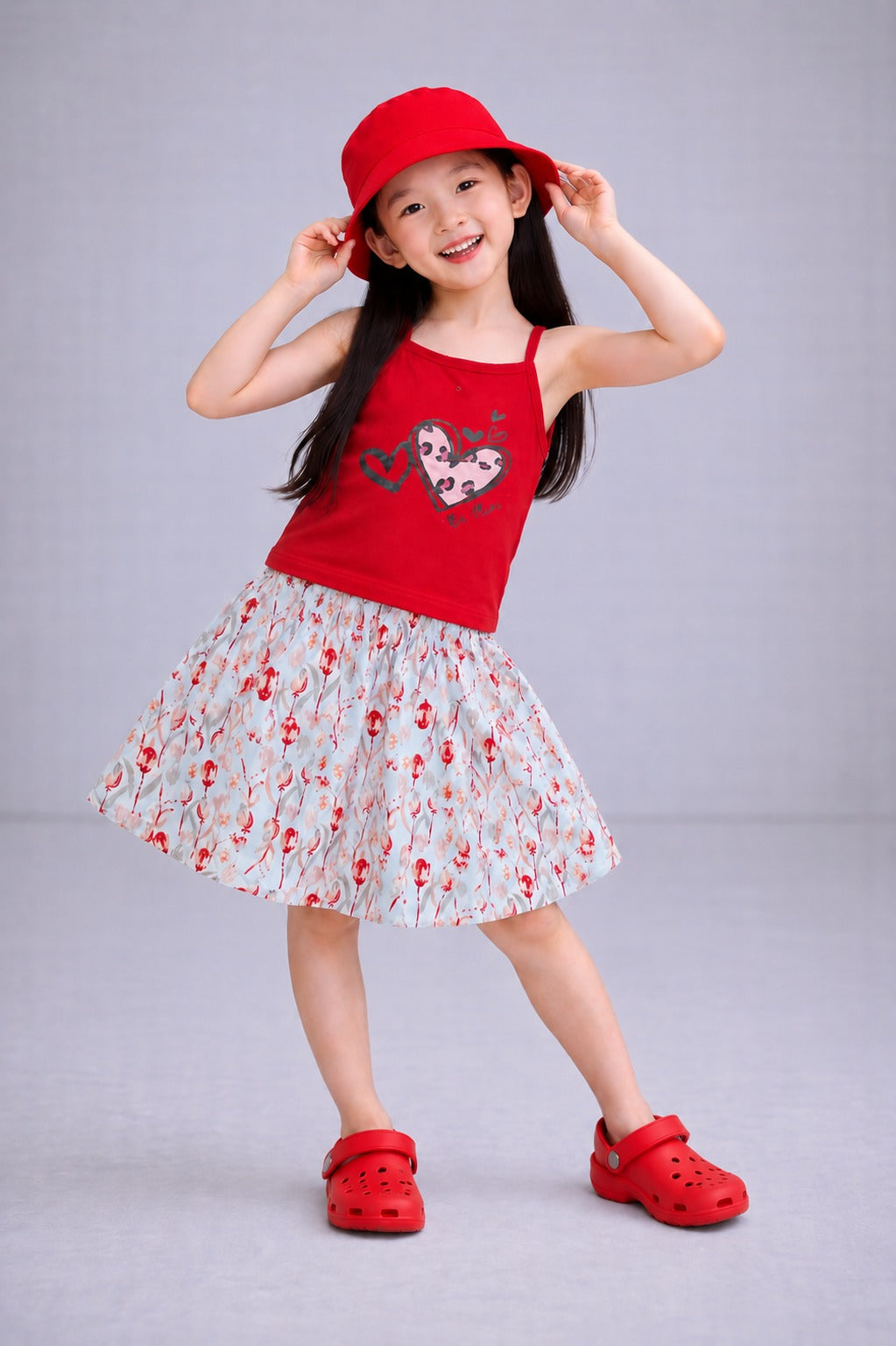 Hearts Printed  Red Girls Top & Skirt 227
