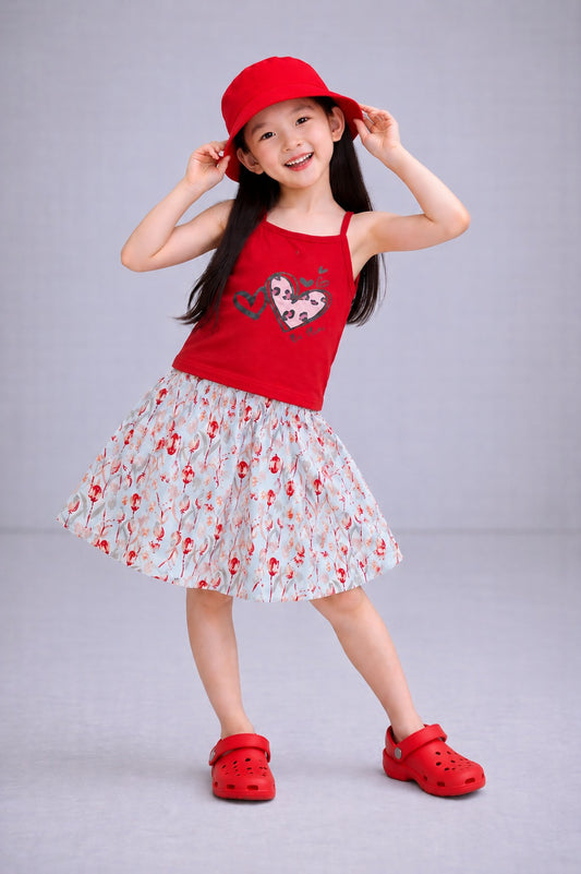Hearts Printed  Red Girls Top & Skirt 227