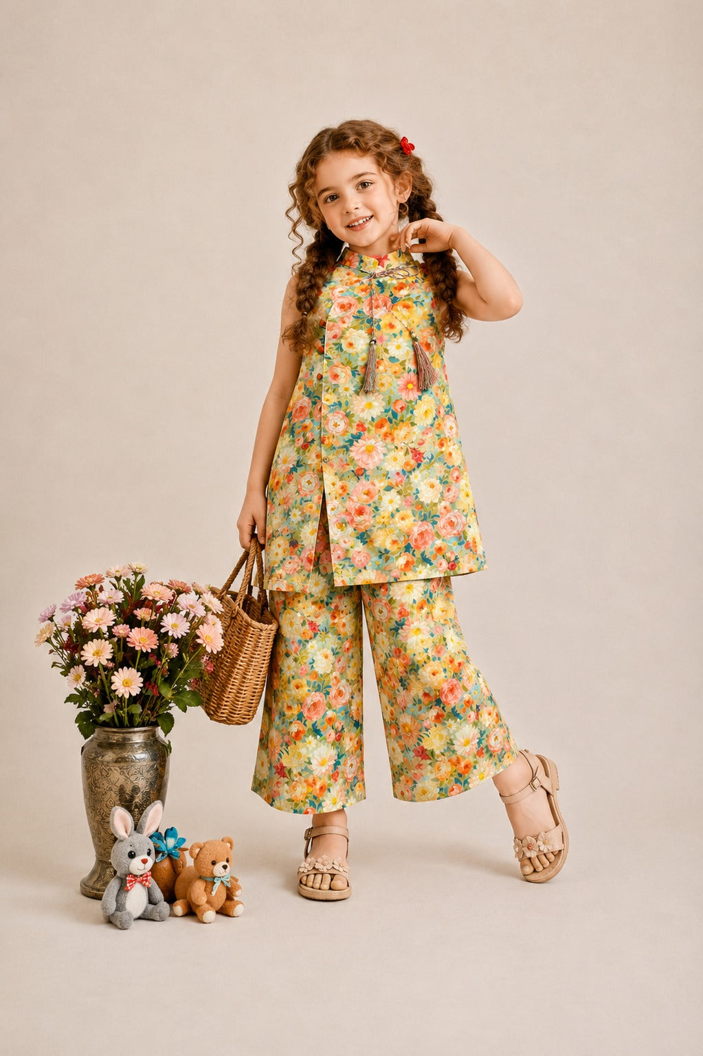 Light Orange Flowers Printed  with Multi Color Emerald Tassel  Soft Lawn Top- Flapper Set 513