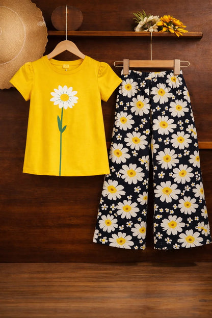 Girls yellow daisy print cotton t-shirt with black floral pants kids outfit Pakistan