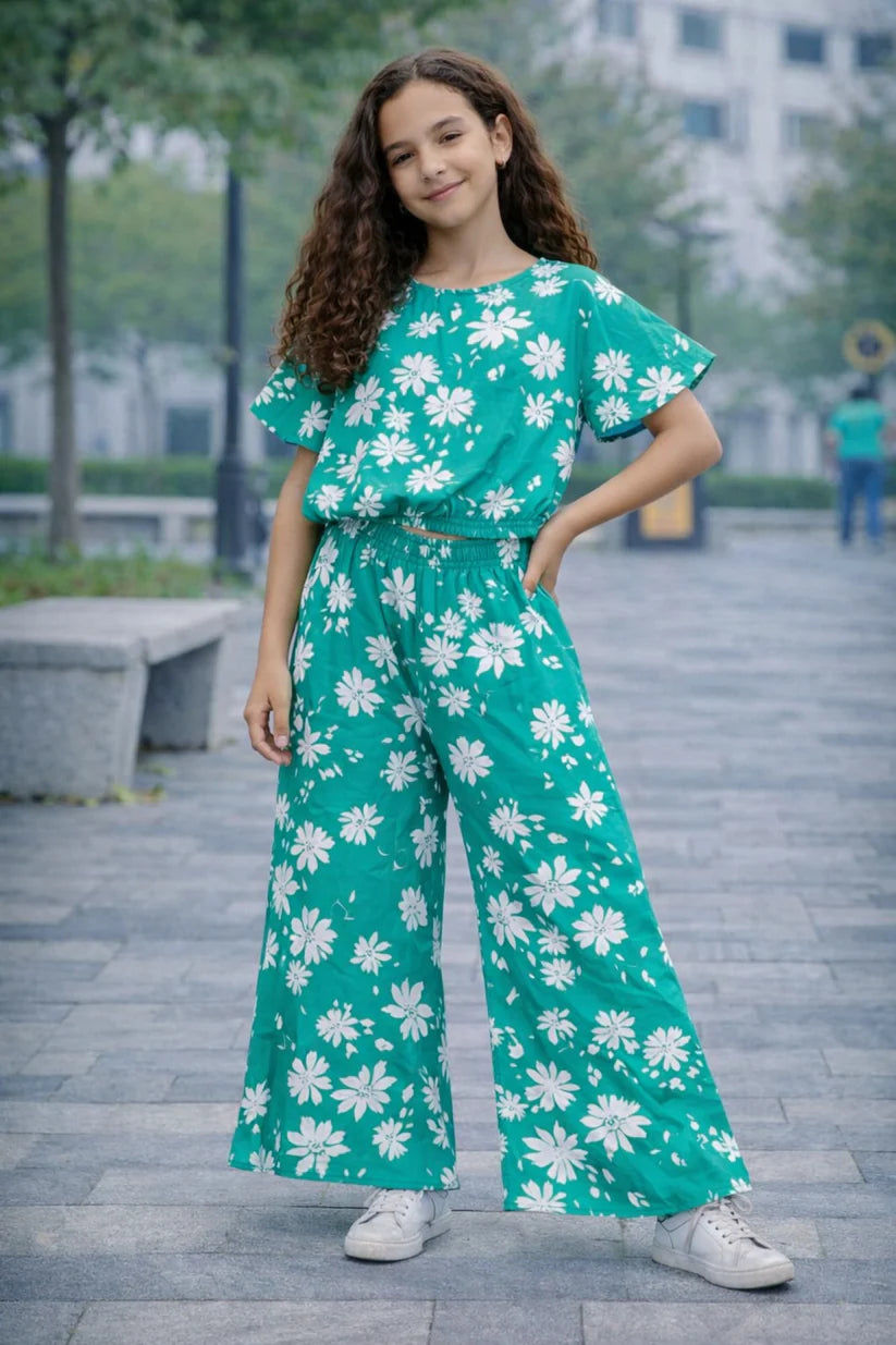Girls green floral cotton co-ord set with pants kids outfit Pakistan