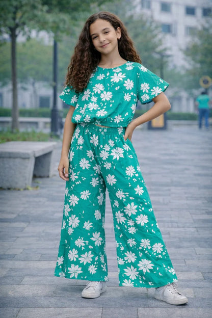 Girls green floral cotton co-ord set with pants kids outfit Pakistan