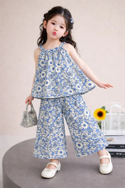 Girls blue floral cotton lawn top with pants kids outfit Pakistan