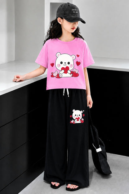 Cute pink teddy bear co-ord set with soft jersey fabric and black trousers for girls in Pakistan.
