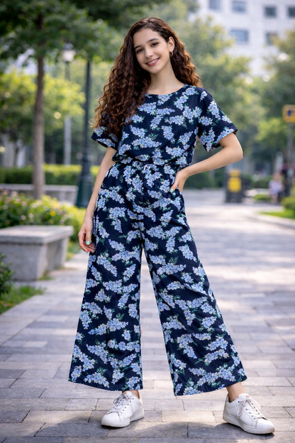Black cotton girls co-ord set with white and blue floral print, short sleeve top and wide-leg pants, Pakistan kids Outfit