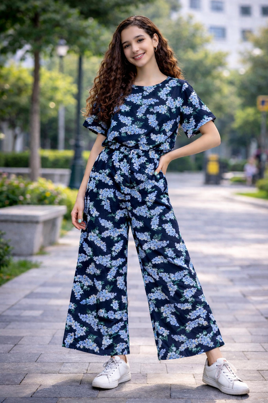 Black cotton girls co-ord set with white and blue floral print, short sleeve top and wide-leg pants, Pakistan kids Outfit