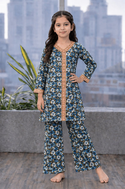 White & Blue Flowers Printed Girls’ Soft Lawn Suit