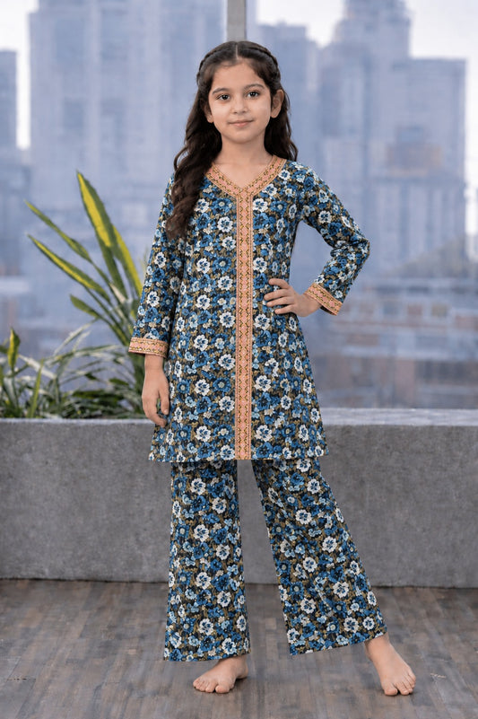 White & Blue Flowers Printed Girls’ Soft Lawn Suit 240