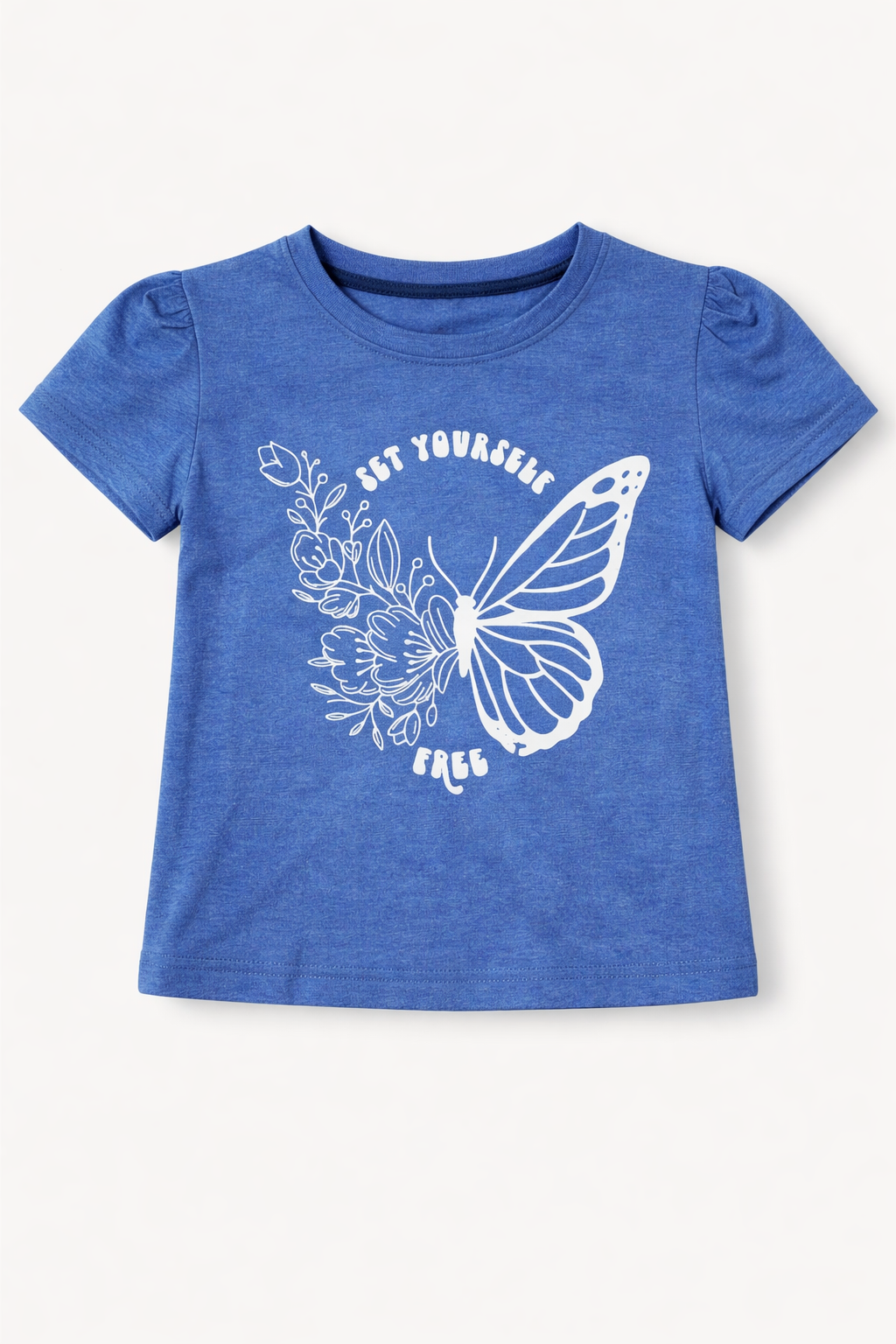 Girls heather blue cotton t-shirt with white butterfly and floral graphic print, puff sleeve casual  Pakistan 
summer Kidswear 