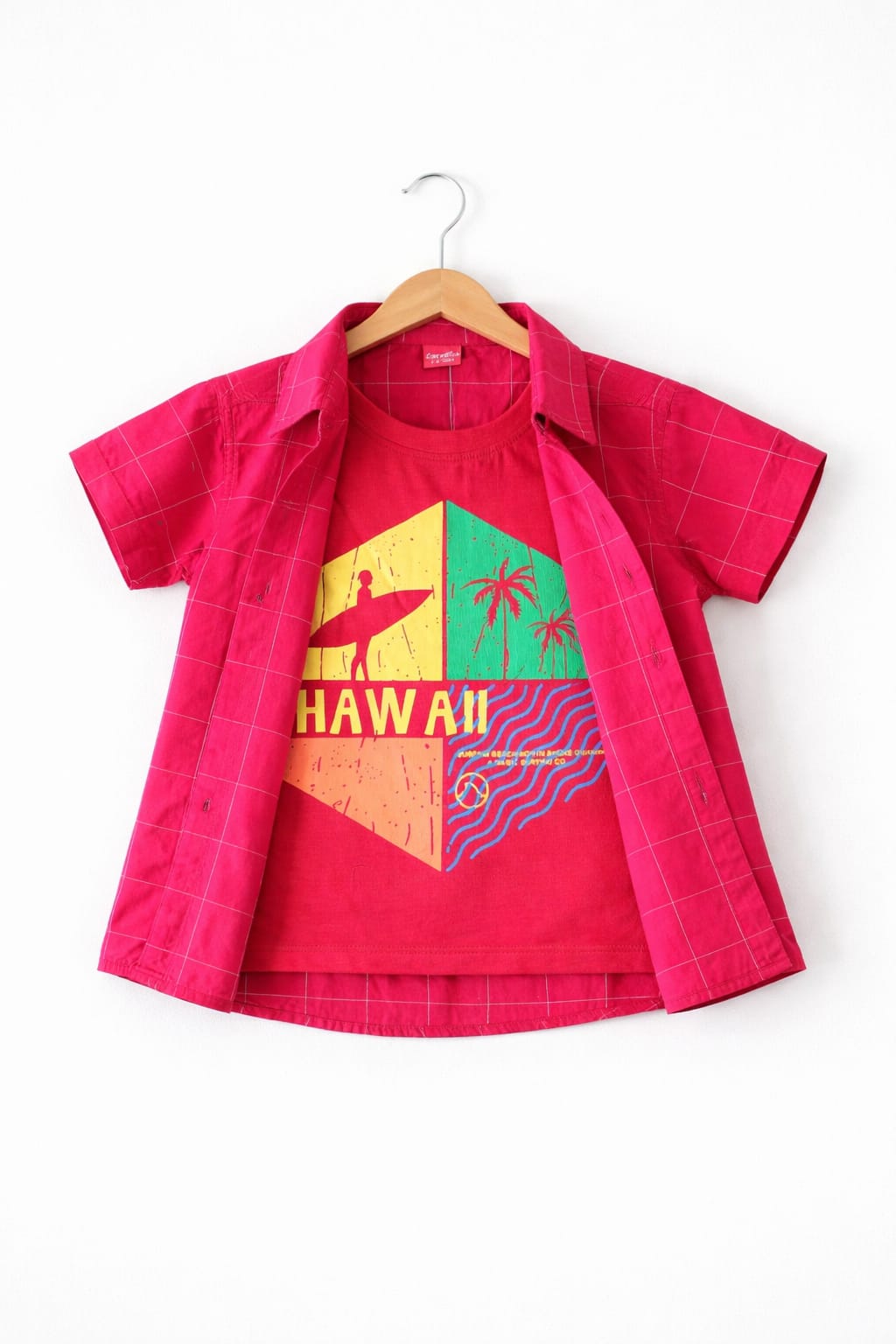 Pink boys layered casual shirt with Hawaii surf print tee, Pakistan.