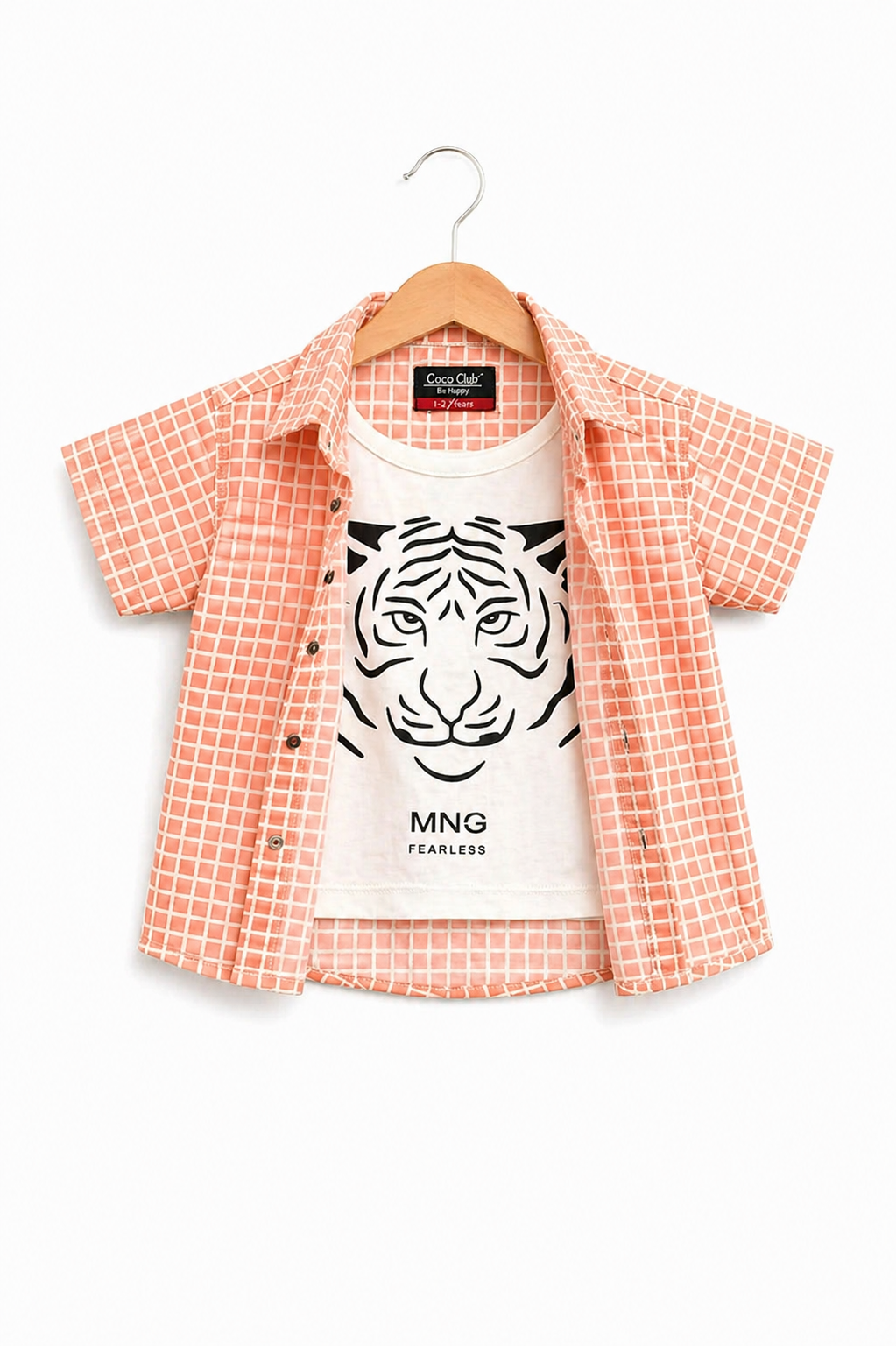 White Checked  Peach Tiger Printed Layered Casual Shirt 501