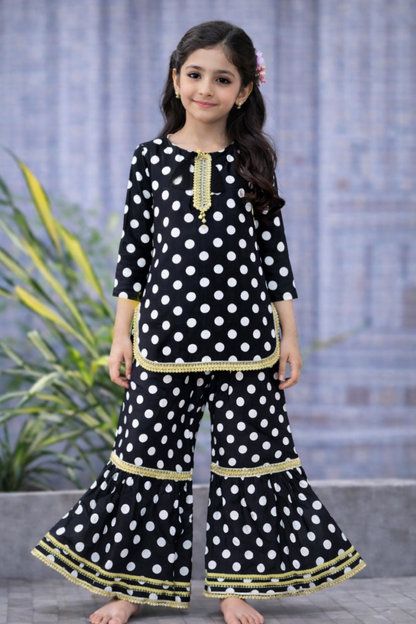 Girls black cotton polka dot kurti gharara set with gold trim, Pakistani outfit