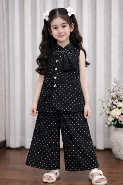 Black polka dot girls co-ord set with sleeveless tassel top and wide-leg pants,Pakistan

