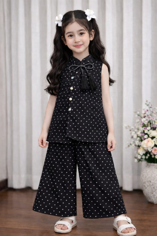 Black polka dot girls co-ord set with sleeveless tassel top and wide-leg pants,Pakistan
