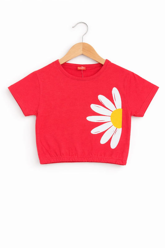 Girls red cotton crop t-shirt with white daisy flower graphic print, Pakistan casual summer Kidswear 
