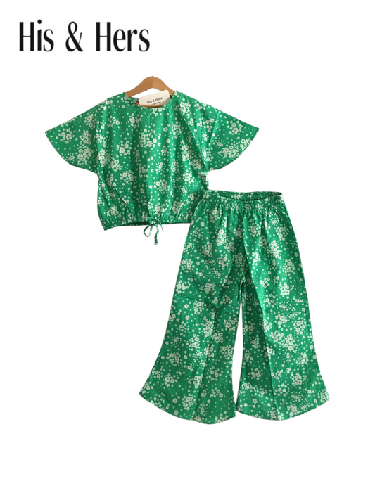 White Flowers All Over Print Green Cotton Girls Co-Ord Set 244