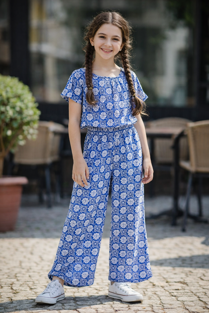 Girls blue cotton co-ord set with white floral allover print and wide-leg trousers,  Pakistan casual summer outfit 
