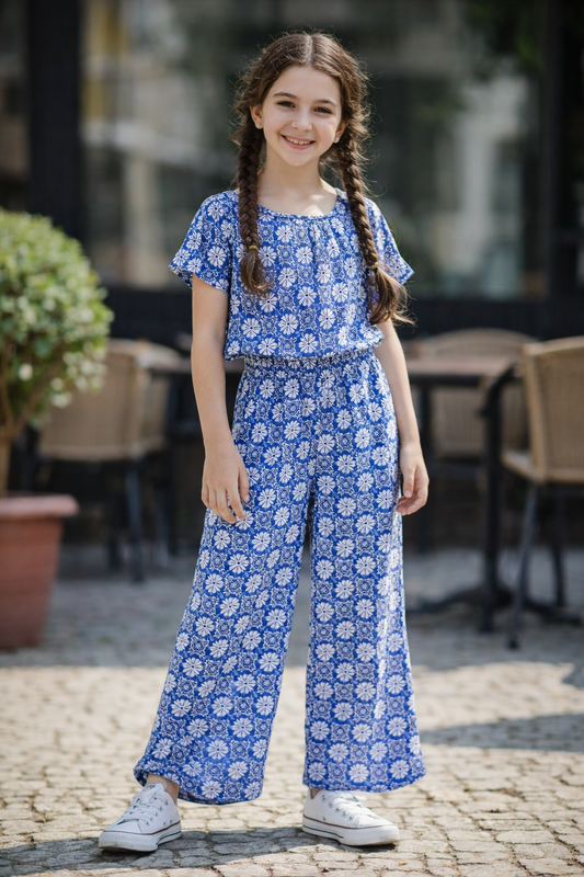 Girls blue cotton co-ord set with white floral allover print and wide-leg trousers,  Pakistan casual summer outfit 
